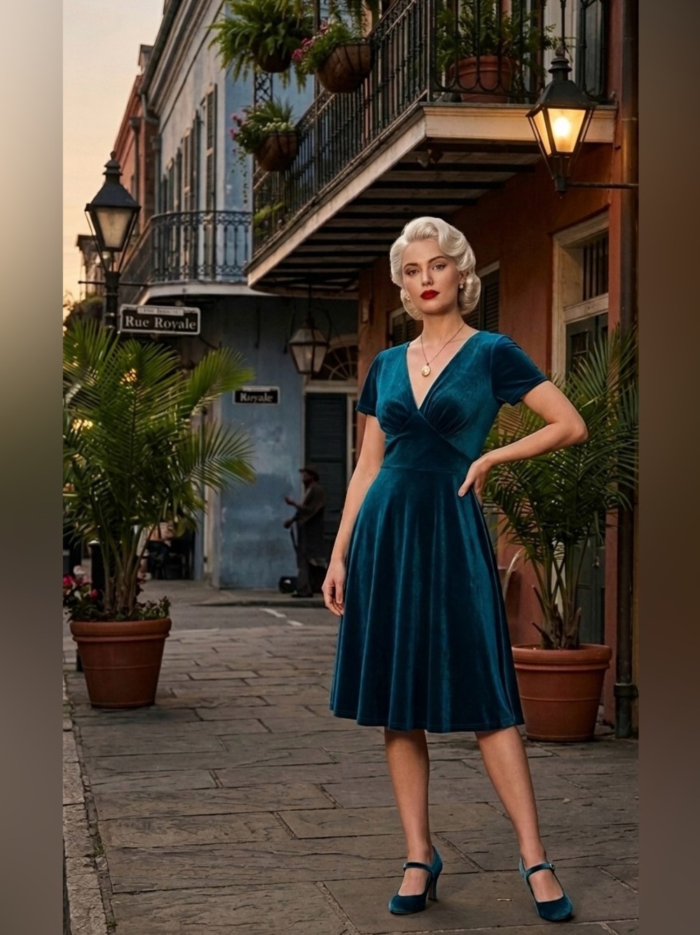 GownTown NWT Teal Blue Velvet Dress Vintage 1950s Retro Flare Cocktail Small S